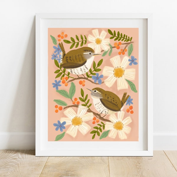 Wrens With Botanicals 8 X 10 Art Print/ Animal Illustration/ Small Birds With Flowers Wall Decor/ Woodland Wall Art