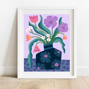 Periwinkle Still Life Art Print/ 8 X 10 Flowers In Navy Vase Wall Decor/ Modern Floral Illustration/ Botanical Wall Decor