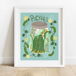 Pickles In Jar 8 X 10 Art Print/ Pickled Cucumber Kitchen Wall Art/ Farmers Market Aesthetic/ Quirky Food Illustration Blue