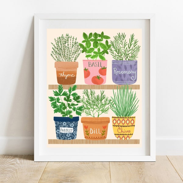 Indoor Herb Garden 8 X 10 Art Print/ Potted Houseplants Kitchen Illustration/ Culinary Plants Wall Art/ Modern Botanical Home Decor