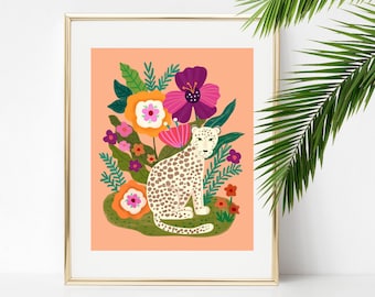 White Leopard With Tropical Flowers 8 X 10 Art Print/ Big Cat Wall Decor/ Floral Jungle Animal Illustration/ Tropical Forest Scene Art