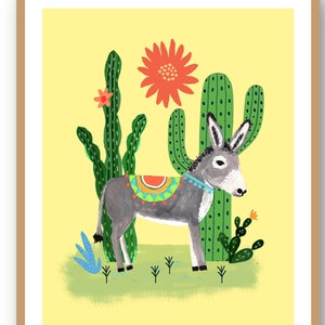 Donkey and Cactus 8x10 Art Print/ Colorful Bohemian Nursery Art/ Desert Animal Illustration/ Succulents Wall Decor/ Kids Room Decor image 2