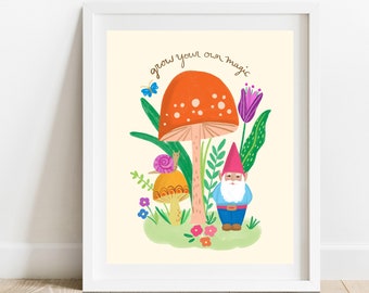 Magic Garden Gnome Art Print/ 8X10 Modern Woodland Kid's Room Wall Decor/ Forest Mushroom Illustration/ Gender Neutral Nursery Decor