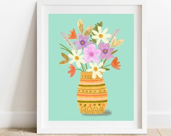 Aqua and Gold Floral 8 X 10 Art Print/ Wildflowers In Vase Still Life Wall Decor/ Botanical Illustration