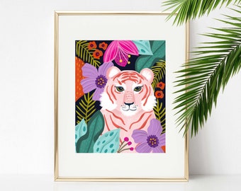 Tiger With Jungle Plants 8 X 10 Art Print/ Tropical Forest Wall Decor/ Animal Illustration/ Big Cats Wildlife Giclee Print