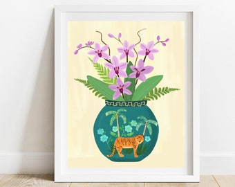 Orchids In Tropical Tiger Vase/ Still Life 8X10 Art Print/ Floral Botanical Wall Decor/ Jungle Chinoiserie Illustration