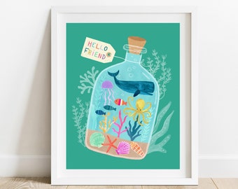 Sea Life Terrarium Art Print/ Children's Ocean Illustration/ Marine Animals Nursery Print/ Kids Room Underwater Scene Wall Decor