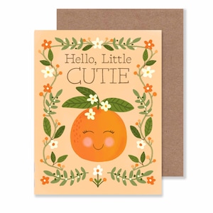 Tarjeta de felicitación para recién nacidos con temática de frutas de género neutro, de 4,25 x 5,5 pulgadas, con diseño de cítricos y flores, para baby shower