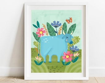 Year of the Ox 8X10 Art Print/ Animal with Florals Illustration/ Bull and Flowers Wall Decor/ Tropical Forest Scene Kids Room Wall Art