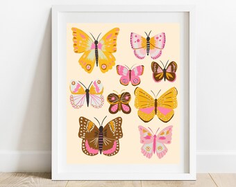 Gold and Pink Butterflies 8 X 10 Art Print/ Woodland Illustration/ Moths Home Decor/ Girls Bedroom Art/ Insect Nursery Decor