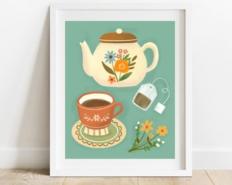 Blue and Cream Tea Set 8 X 10 Art Print/ Teapot With Teacup and Flowers Wall Decor/ Cottage Core Kitchen Illustration