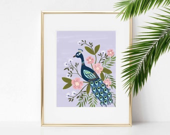 Peacock In Tree Art Print/ 8 X 10 Bird with Botanicals Illustration/ Chinoiserie Inspired Home Decor