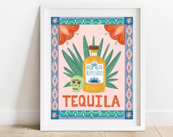 Tequila 8 X 10 Bar Cart Print/ Mexican Folk Art Cocktail Illustration/ Liquor Wall Decor/ Gifts For Cocktail Enthusiasts