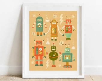 Vintage Inspired Robots 8 X 10 Art Print/ Kids Science Bedroom Illustration/ Android Collage Wall Art/ Children's Sci Fi Decor