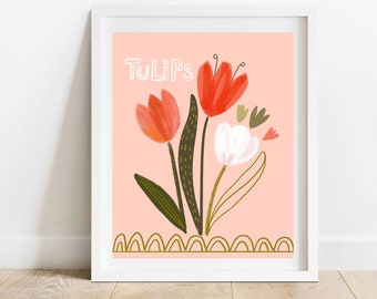 Red, Blush and Olive Tulip Illustration/ 8 X 10 Modern Floral Art Print/ Botanical Home Decor/ Flower Garden Nursery or Girls Bedroom Art