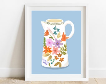 Decorative Floral Pitcher 8 X 10 Art Print/ Botanical Still Life Illustration/ Wildflowers Kitchen Wall Decor/ Minimalist Farmhouse Art