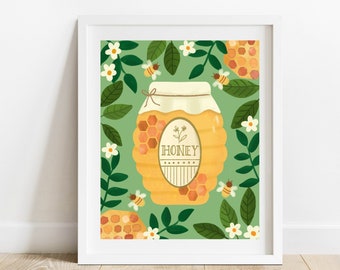 Honey With Bees 8 X 10 Art Print/ Jar of Honey With Leaves Kitchen Wall Art/ Farmers Market Aesthetic/ Modern Farmhouse Food Illustration