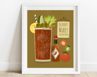 Impression d'art Bloody Mary & Tobasco avec tomates 8 x 10 / décoration murale de chariot de bar / illustration de nourriture et de boissons / art du cocktail classique