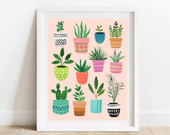 Potted Plants 8 X 10 Art Print/ Houseplant Illustration Wall Decor/ Indoor Plant Collage Wall Art/ Modern Botanical Home Decor