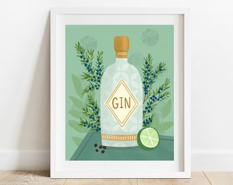 Gin With Juniper Berries 8 X 10 Bar Cart Print/ Botanical Cocktail Illustration/ Liquor Wall Decor/ Gifts For Cocktail Enthusiasts