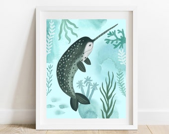 Narwhal Art Print/ 8X10 Monochromatic Ocean Illustration/ Sea Life With Plants Wall Art/ Coastal Beach House Decor/