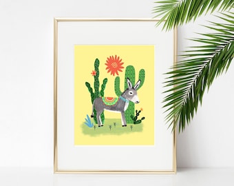 Burro y cactus 8x10 Impresión de arte/ Colorido arte de vivero Boho/ Ilustración de animales del desierto/ Decoración de pared de suculentas/ Decoración de habitación para niños