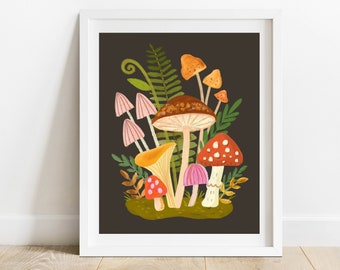 Autumn Mushrooms Art Print/ 8X10 Woodland Folk Art Wall Decor/ Moody Forest Mushroom and Fern Illustration/ Nature Inspired Home Decor