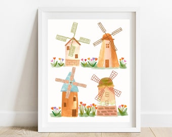 Impression d'art tulipes et moulins à vent 8 x 10 / Illustration de moulin à vent hollandais / Impression d'art champ de tulipes Hollande / Déco murale ferme de tulipes