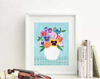 Pansies in Vintage Vase 8 X 10 Art Print/ Floral Illustration/ Still Life Botanical Decor/ Gifts For Gardeners