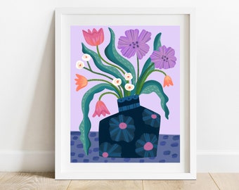 Periwinkle Still Life Art Print/ 8 X 10 Flowers In Navy Vase Wall Decor/ Modern Floral Illustration/ Botanical Wall Decor