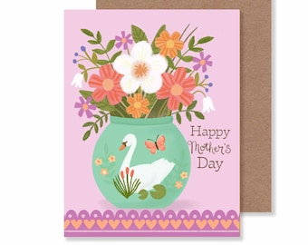 Mother's Day Notecard/ 4.25" X 5.5" Flower Bouquet in Swan Vase Greeting Card/ Floral Illustration Stationery for Mom