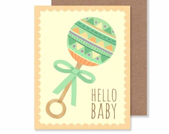 New Baby Notecard/ 4.25" X 5.5" Patterned Rattle Newborn Notecard/ Baby Shower Greeting Card/ Gender Neutral New Arrival Stationery