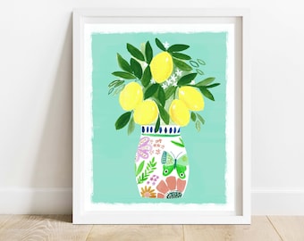 Lemons In Bright Floral Vase 8 X 10 Art Print/ Botanical Still Life Illustration/ Fruit Flowers and Butterflies Wall Decor/ Citrus Art Print