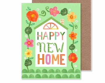 Happy New Home Notecard/ 4.25" X 5.5" Floral House Illustration Greeting Card/ Moving Day Stationery/ Happy Housewarming Blank Card