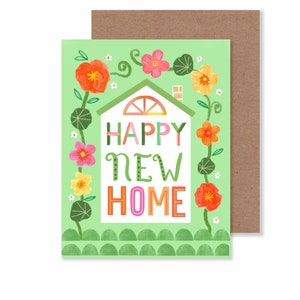 ハッピーニューホームノートカード/ 4.25インチ×5.5インチの花柄家のイラスト入りグリーティングカード/ 引っ越しの日の文房具/ ハッピー新築祝いの白紙カード