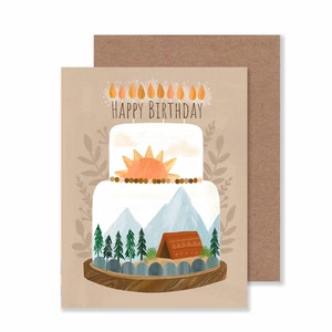 Cartão de felicitações de bolo de aniversário de acampamento/Cartão de bolo com cena de montanha de 4,25" x 5,5"/Cartão de aniversário para entusiastas de atividades ao ar livre/Cartão de aniversário para homens