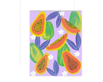 Papaya de verano 4.25 X 5.5 Tarjeta de felicitación/ Papelería con patrón de frutas brillantes y coloridas/ Tarjetas de notas en blanco tropicales boho/ Individual o conjunto de 8