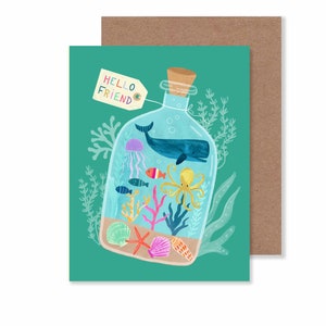 Sea Life Terrarium Everyday Notecard / 4.25 "X5.5" Ocean Themed Briefpapier / Meerestiere Freundschaft Grußkarte / Einzelkarte oder 8er-Set