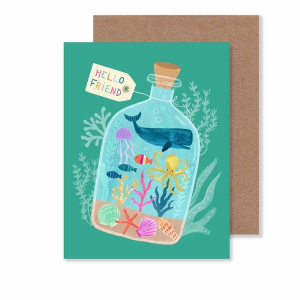 Sea Life Terrarium Everyday Notecard/ 4.25"X5.5" Ocean Themed Stationery/ Marine Animals Friendship Greeting Card/ Single Card or Set of 8