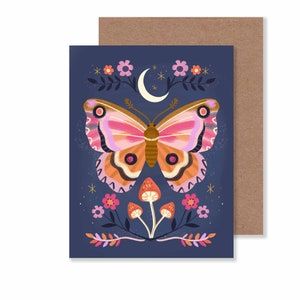 Papillon de nuit clair de lune avec carte pour notes botaniques des bois 4,25 x 5,5 po. Papeterie art folklorique forêt / cartes de voeux célestes / carte simple ou lot de 8