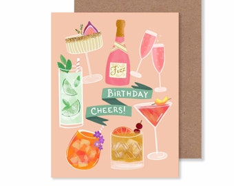 Birthday Cheers Greeting Card/ 4.25" X 5.5" Birthday Cocktails Collage Notecard/ Bar Themed Birthday Stationery