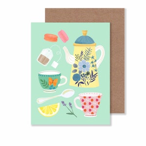 Tarjeta de notas para uso diario con tazas de té y tetera/Juego de té en tonos pastel de 4,25" x 5,5" con macarrones y limón/Papelería con temática de té, tarjeta individual o juego de 8