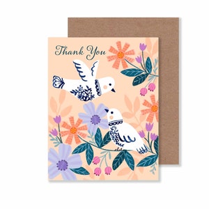 Lente kaart pastel vogels en bloemen/4,25 x 5,5 inch bloemen bedankkaart/lente volkskunst briefpapier enkele kaart of set van 8