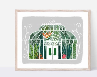 Greenhouse Botanical Art Print/ 8 X 10 Terrarium Illustration/ Tropical Garden Wall Art/ Boho Jungle Plants Decor