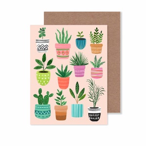 Tarjeta en blanco con plantas en maceta/ 4,25" x 5,5" Papelería ilustrada con plantas de interior/ Tarjeta de felicitación con collage de plantas de interior/ Tarjeta individual o juego de 8