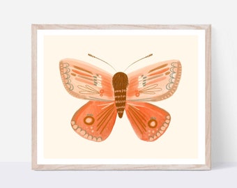 Whimsical Peach 8 X 10 Moth Art Print/ Folk Art Woodland Butterfly Illustration/ Minimalist Wall Decor/ Nursery or Children's Room Decor