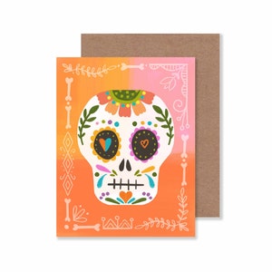 Cartão de nota de caveira de açúcar brilhante e colorido/ Papelaria do Dia dos Mortos de 4,25" X 5,5"/ Cartão de felicitações de caveira floral/ Cartão único ou conjunto de 8