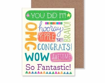 Congratulations Word Collage Greeting Card/ 4.25" X 5.5" Celebration Typography Notecard/ You Did It Everyday Stationery