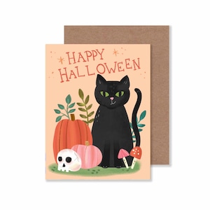 Carte de correspondance Chat noir avec citrouilles / 4,25 x 5,5 po. Papeterie d'Halloween animaux mignons / Cartes de voeux saisonnières d'automne
