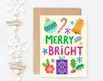 Merry & Bright Colorful Christmas Icons Card/ 4.25" X 5.5" Festive Boho Holiday Stationery/ Multi Colored Blank Christmas Notecards